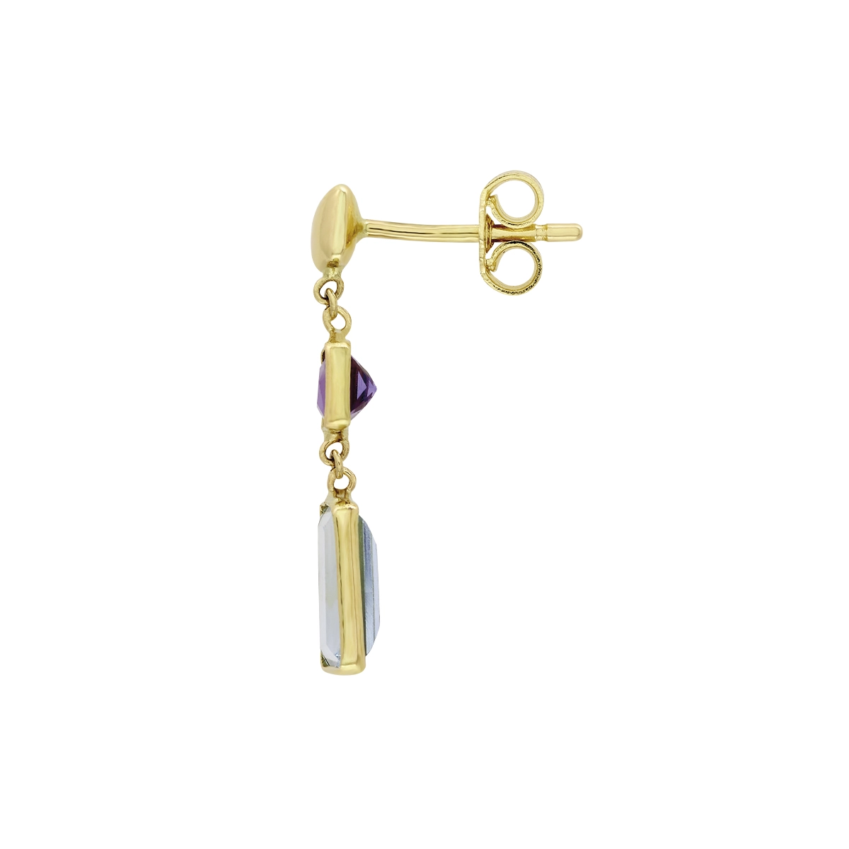 Aretes en oro amarillo de 18 Kilates, Figuras geométricas, con 2 topacios centrales y decoración en amatistas