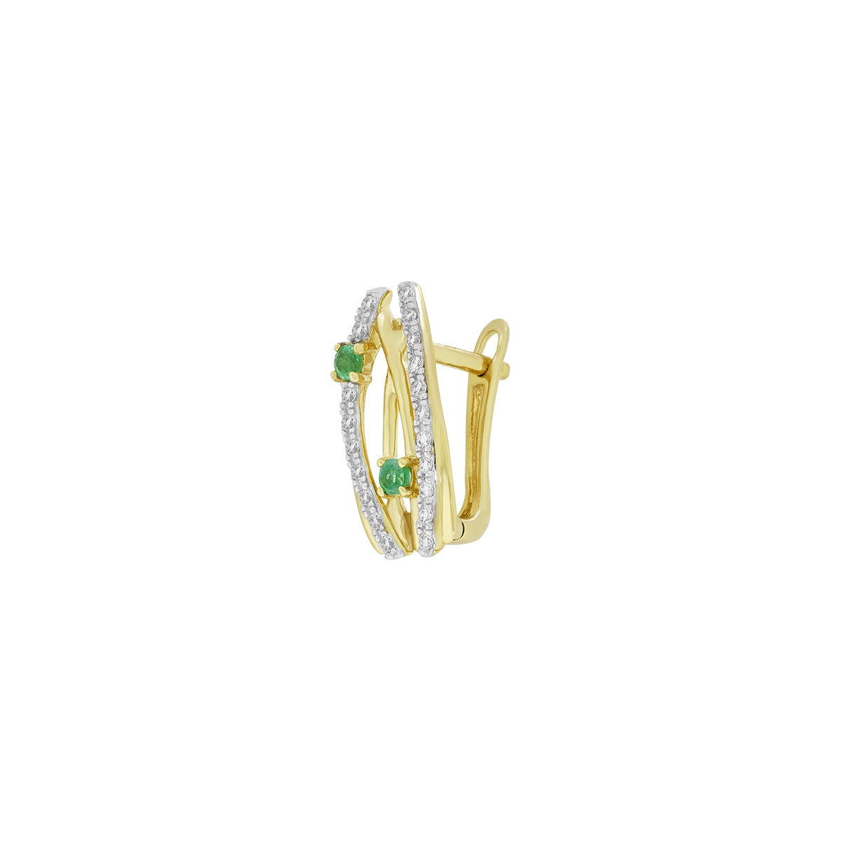 Aretes en oro amarillo de 18 Kilates, Franjas, con 4 esmeraldas centrales de 0.15 Ct y decoración en diamantes de 0.20 Ct