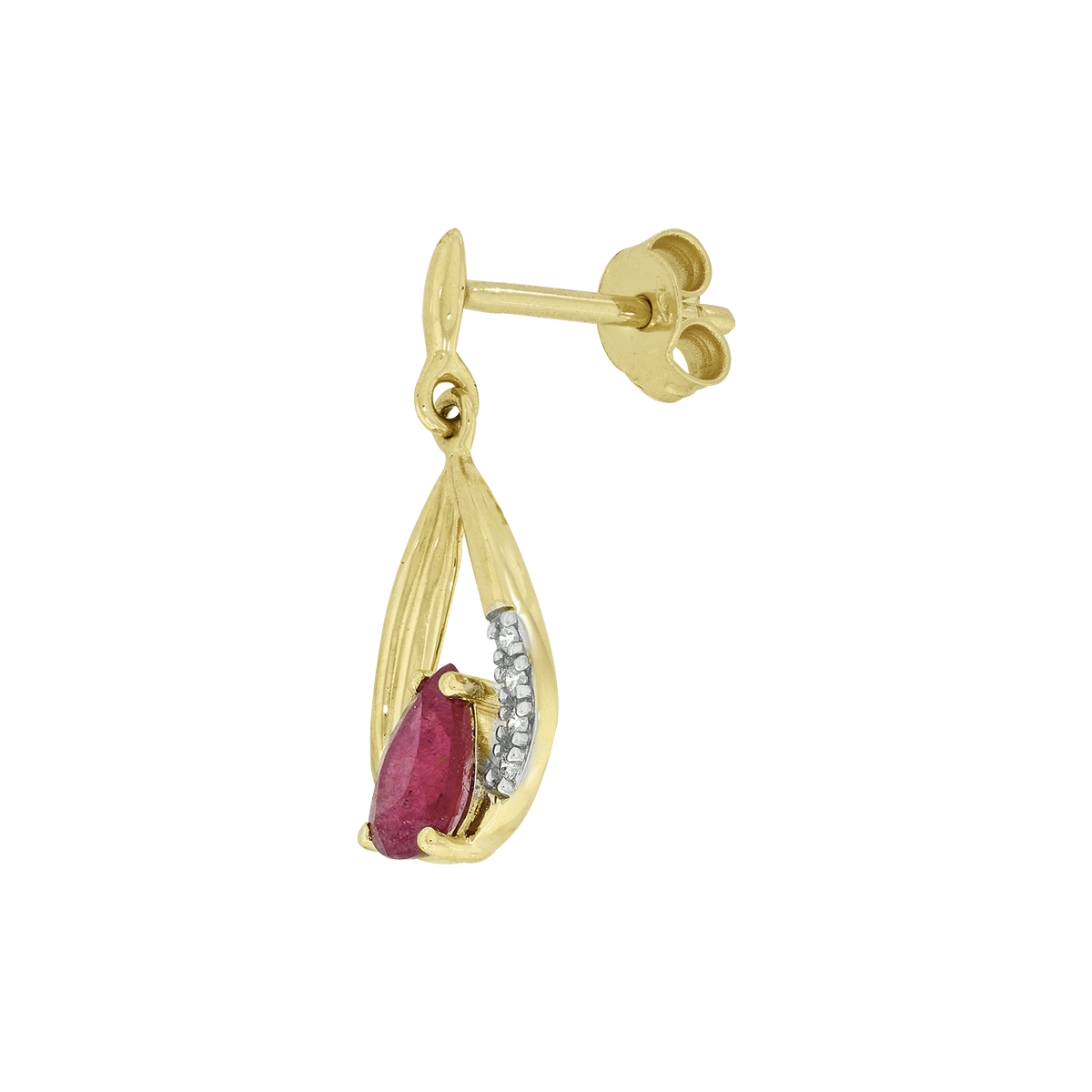 Aretes en oro amarillo de 18 Kilates, Lágrima, con rubí central de 0.70 Ct y diamantes centrales de 0.04 Ct