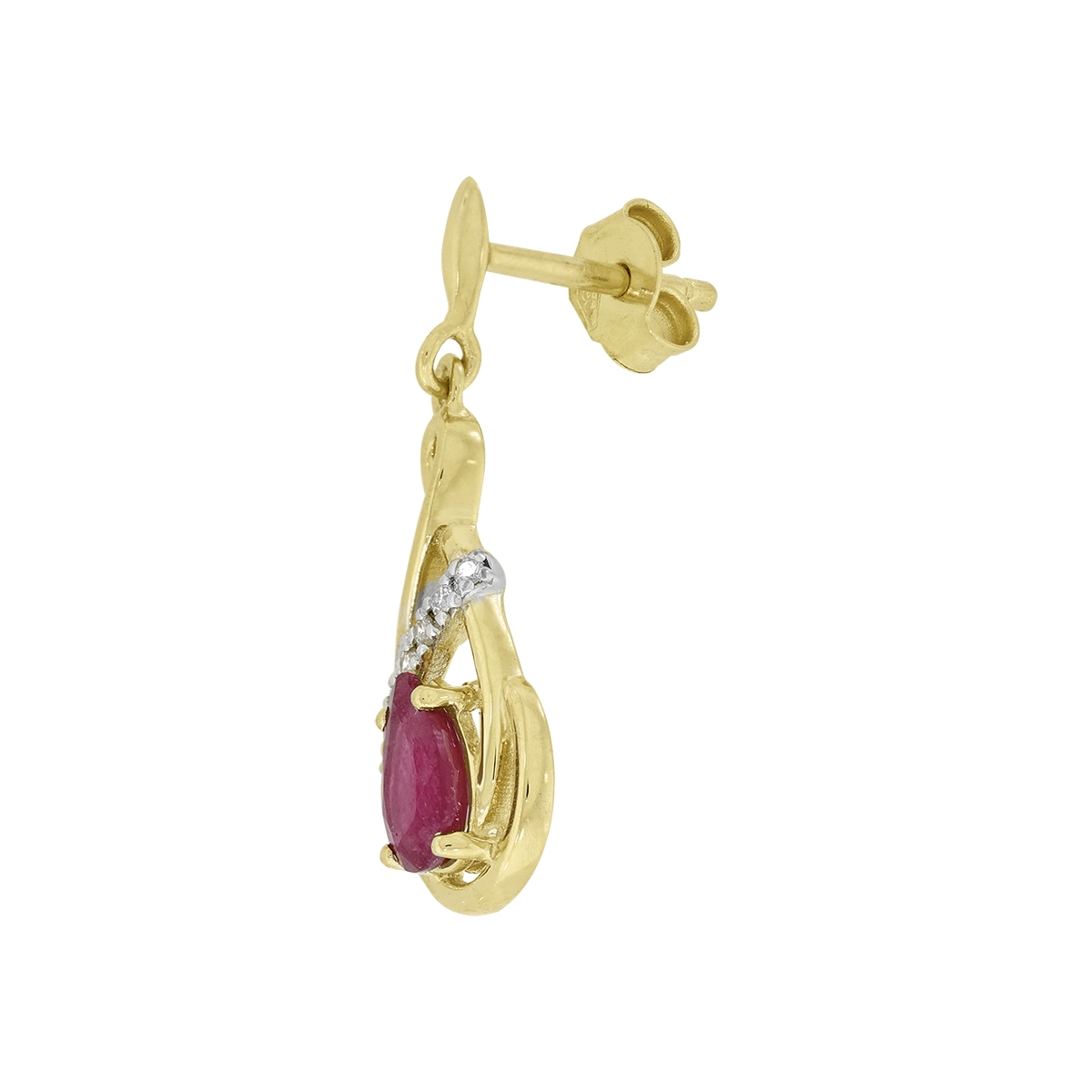 Aretes en oro amarillo de 18 Kilates, Onda, con 2 rubís centrales de 0.70 Ct y decoración en diamantes de 0.06 Ct