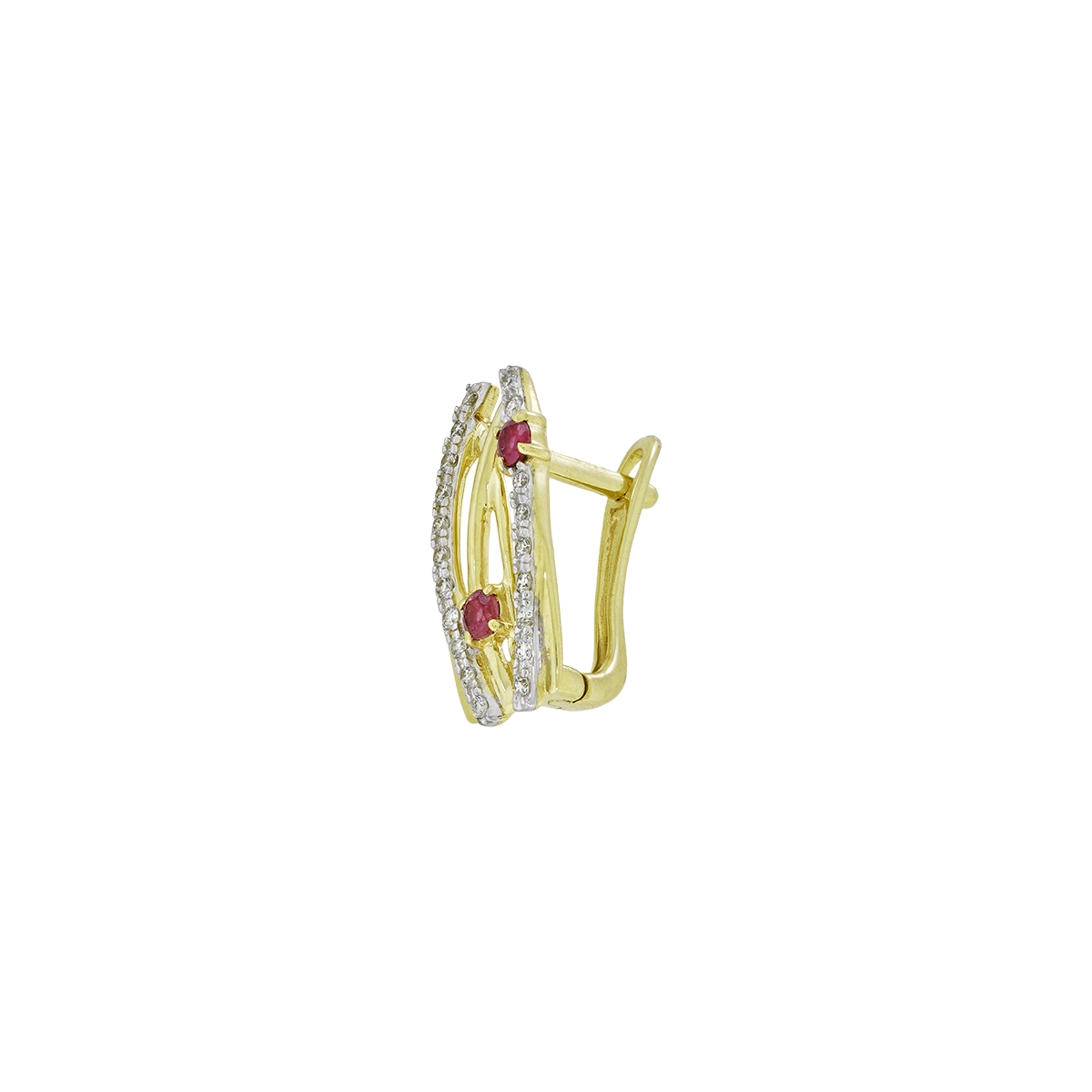 Aretes en oro amarillo de 18 Kilates, Franjas, con 4 rubís centrales de 0.05 Ct y decoración en diamantes de 0.20 Ct