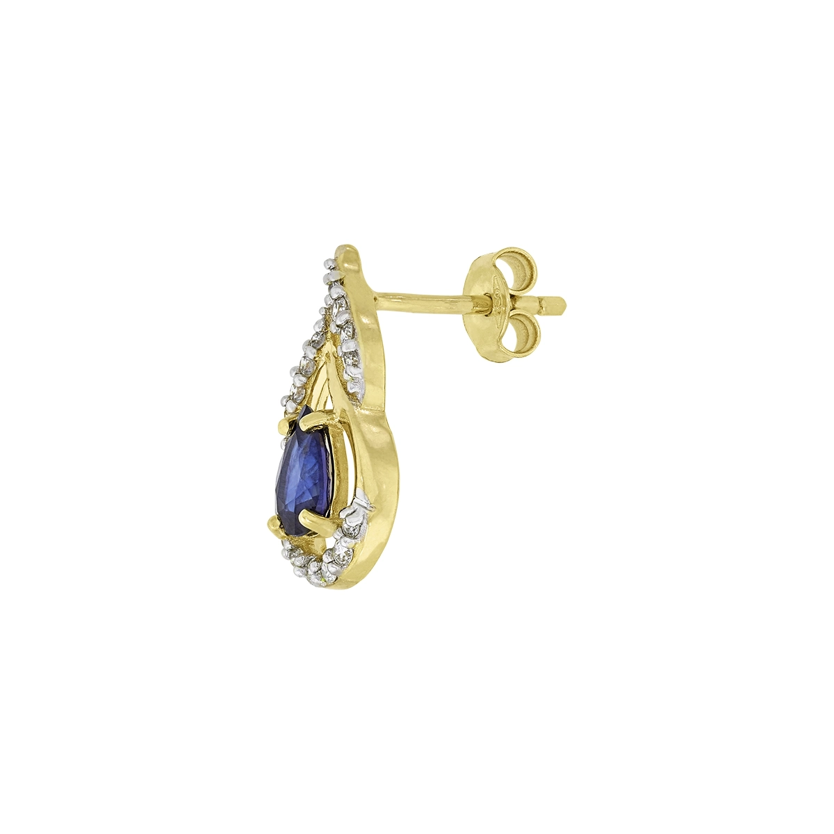 Aretes en oro amarillo de 18 Kilates, Onda, con 2 zafiros centrales de 0.75 Ct y decoración en diamantes de 0.18 Ct