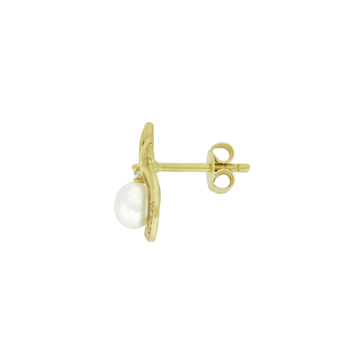 Aretes en oro amarillo de 18 Kilates, Onda, con perlas centrales de 5 mm de ancho aprox y decoración en zircones