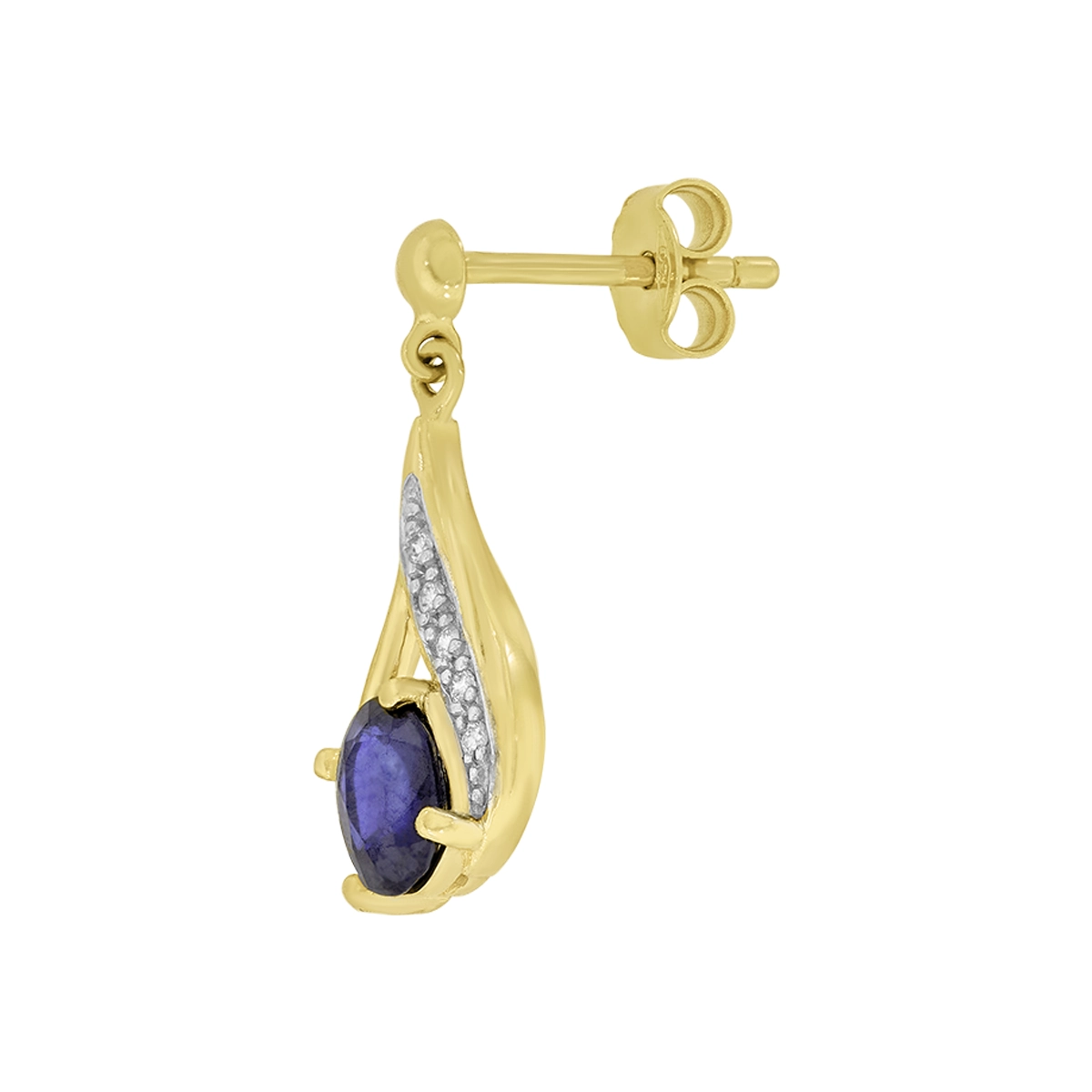 Aretes en oro amarillo de 18 Kilates, Lágrima, con 2 zafiros centrales de 1.05 Ct y decoración en diamantes de 0.05 Ct