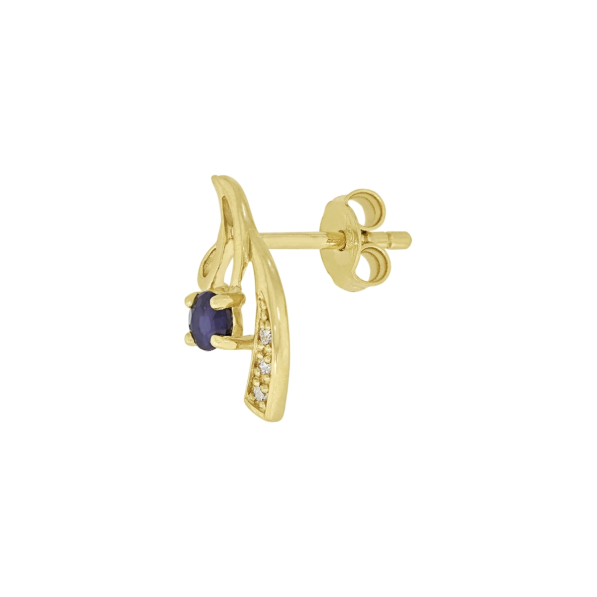 Aretes en oro amarillo de 18 Kilates, Onda, con 2 zafiros centrales de 0.35 Ct y decoración en diamantes de 0.03 Ct