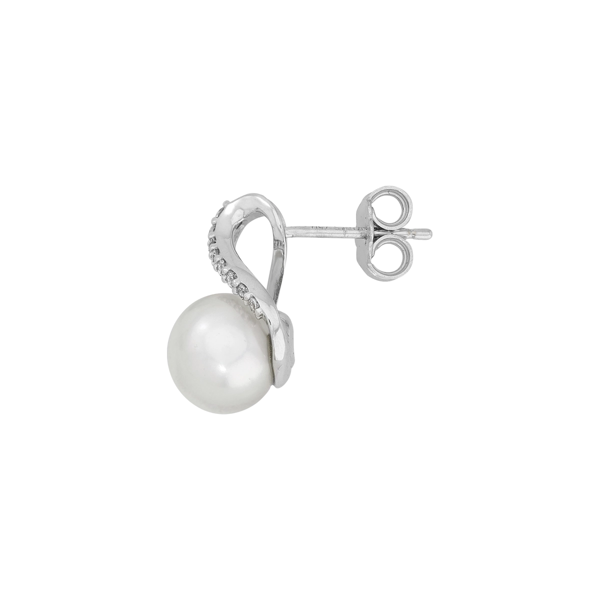 Aretes en oro blanco de 18 Kilates, Onda, con perlas centrales de 7.50 mm de ancho aprox y decoración en zircones