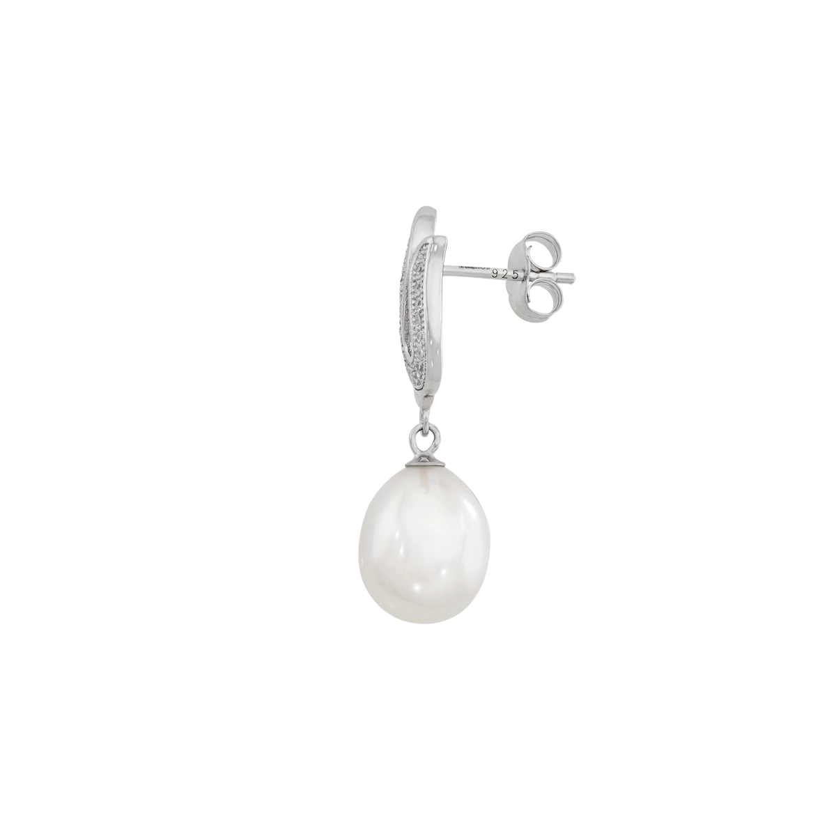 Aretes en plata Ley 925, Onda, con perlas centrales de 9 mm de ancho aprox y decoración en zircones, de la coleccion Sueños