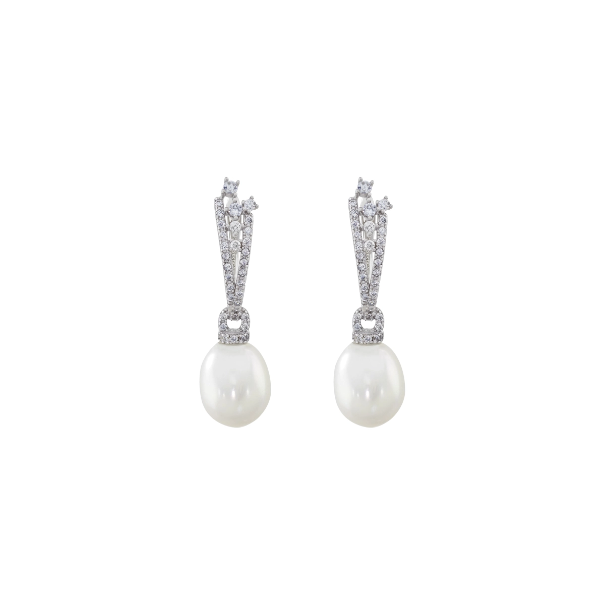 Aretes en plata Ley 925, Franjas, con perlas centrales de 8 mm de ancho aprox y decoración en zircones, de la coleccion Sueños