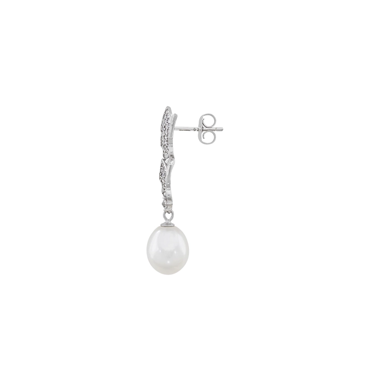 Aretes de mariposa en plata Ley 925,  con perlas centrales de 8 mm de ancho aprox y decoración en zircones - Colección Sueños