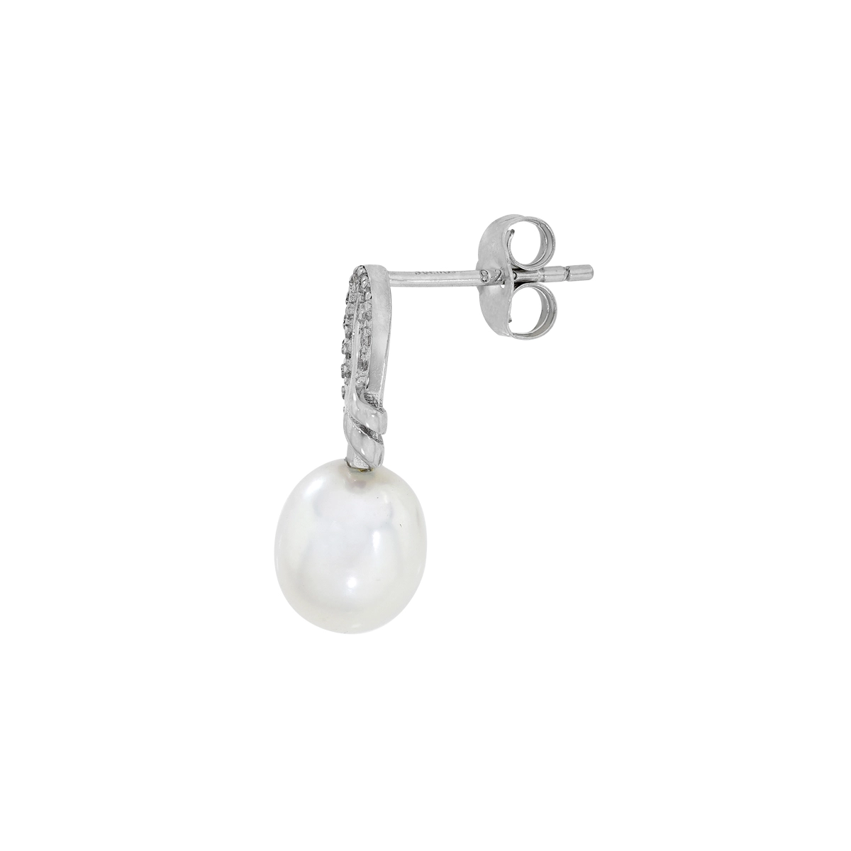 Aretes en plata Ley 925, Onda, con perlas centrales de 7 mm de ancho aprox y decoración en zircones, de la coleccion Sueños