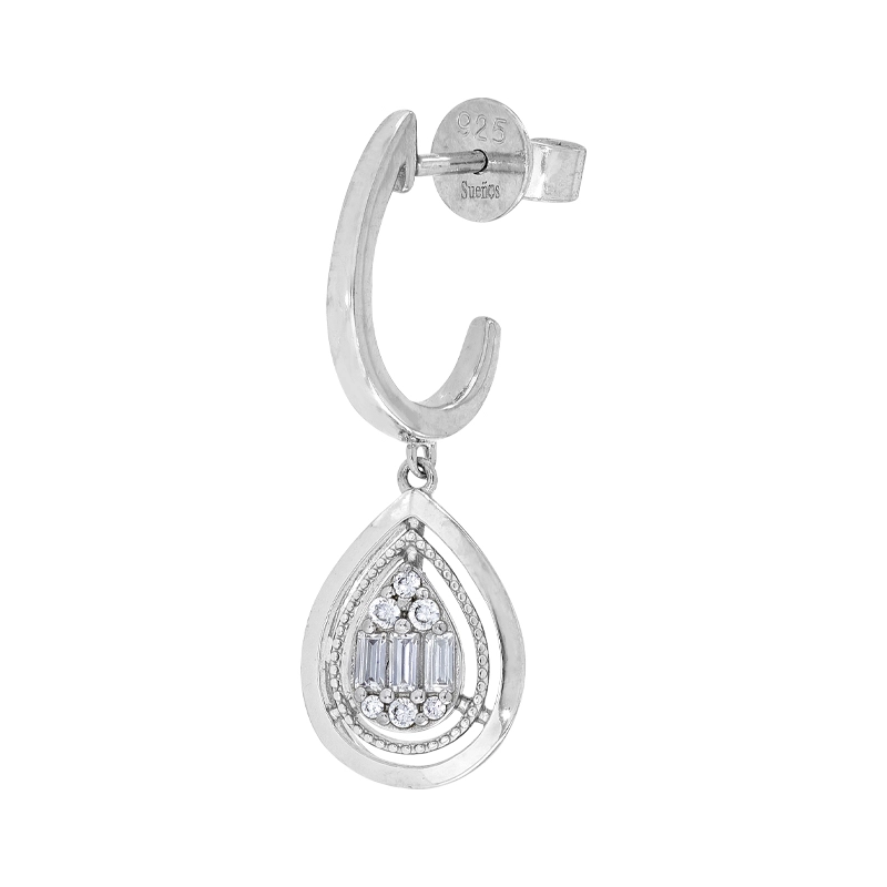 Aretes en plata Ley 925, Lágrima, con zircones, 1.50 mm. de ancho, de la coleccion Sueños