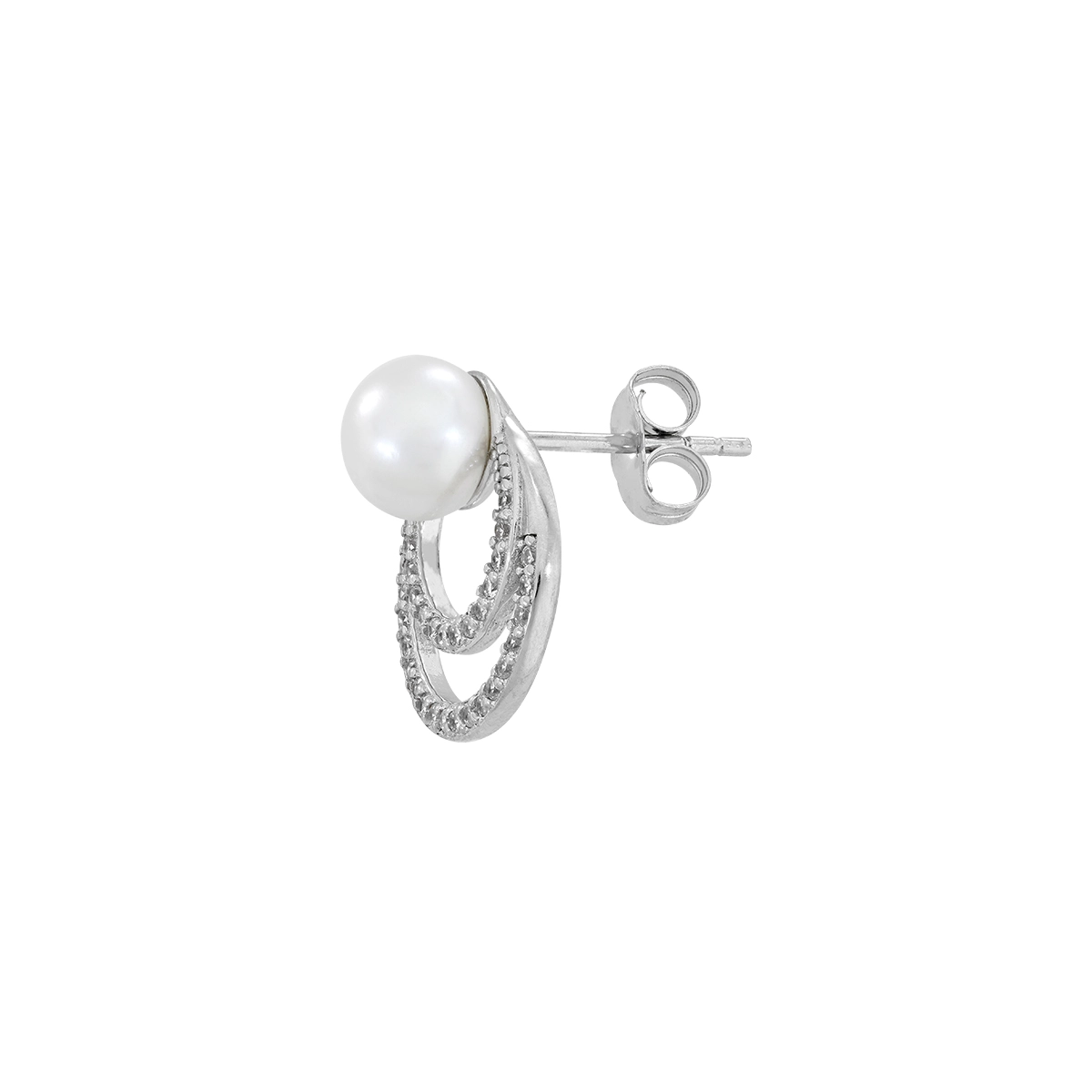 Aretes en plata Ley 925, Figuras geométricas, con perlas centrales de 6 mm de ancho aprox y decoración en zircones, de la coleccion Sueños