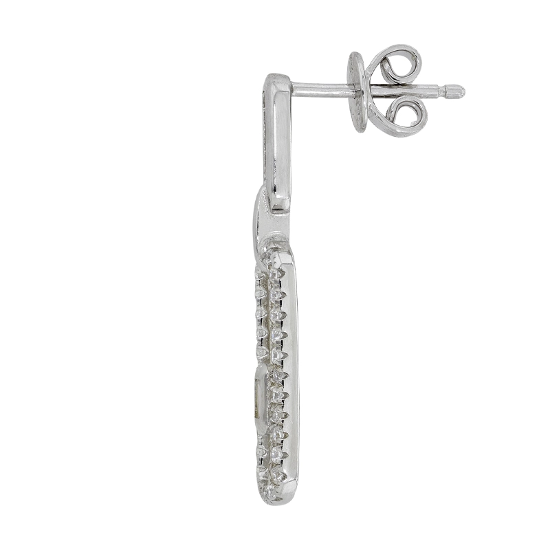 Aretes en plata Ley 925, Figuras geométricas, con 2 zircones centrales y decoración en zircones, de la coleccion Sueños