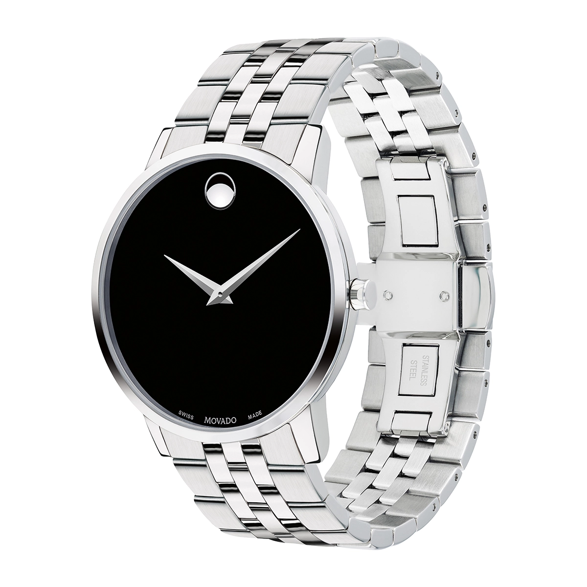 Reloj Movado análogo, para Hombre, tablero redondo colores negro y plateado, estilo sin números, pulso acero color plateado