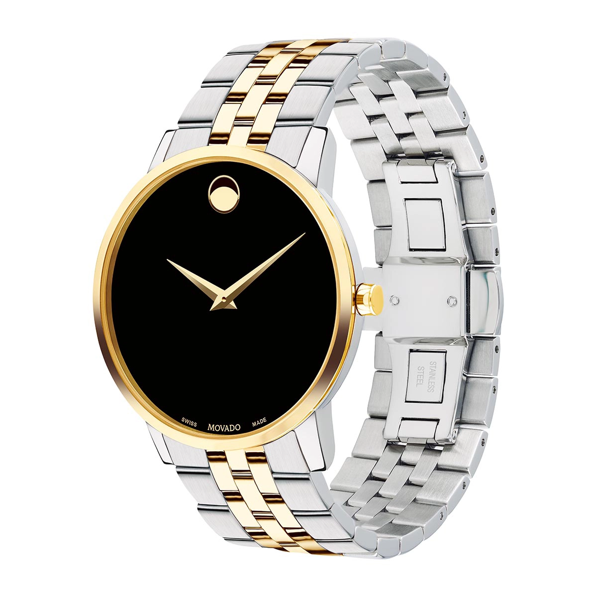 Reloj Movado análogo, para Hombre, tablero redondo colores negro y dorado, estilo sin números, pulso acero colores plateado y dorado