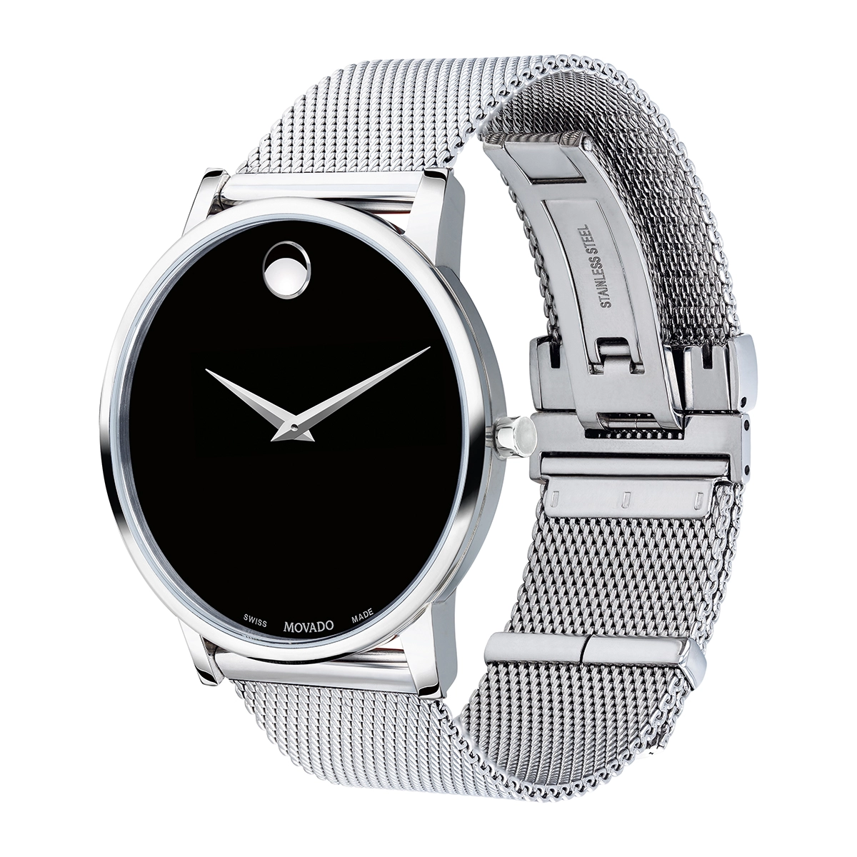 Reloj Movado análogo, para Hombre, tablero redondo colores negro y plateado, estilo sin números, pulso acero color plateado