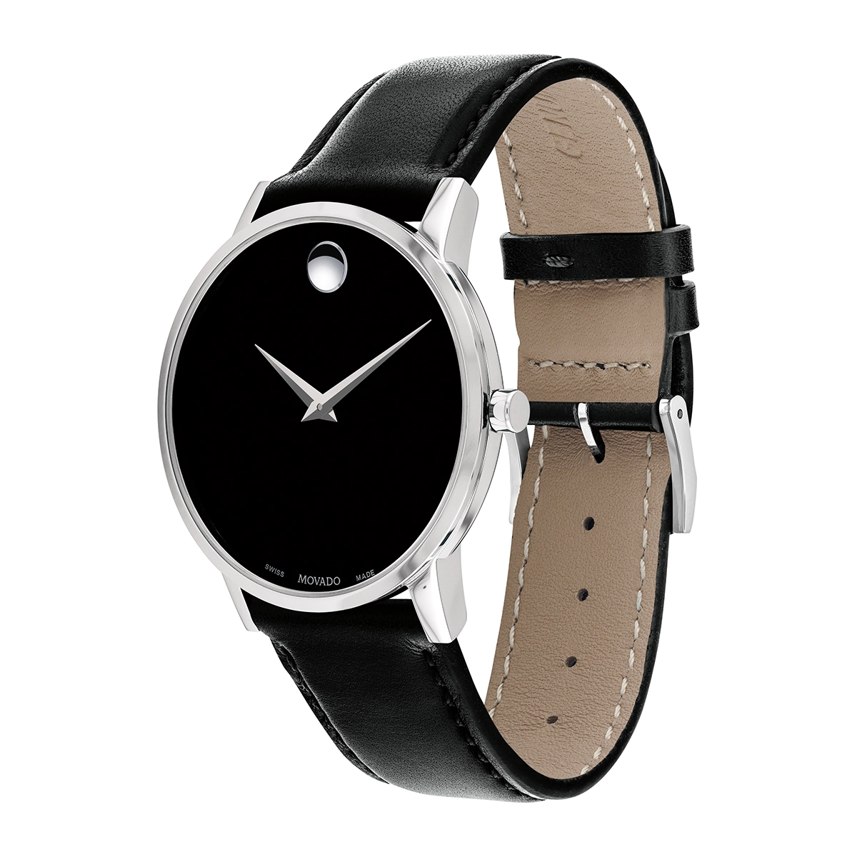 Reloj Movado análogo, para Hombre, tablero redondo colores negro y plateado, estilo sin números, pulso cuero color negro