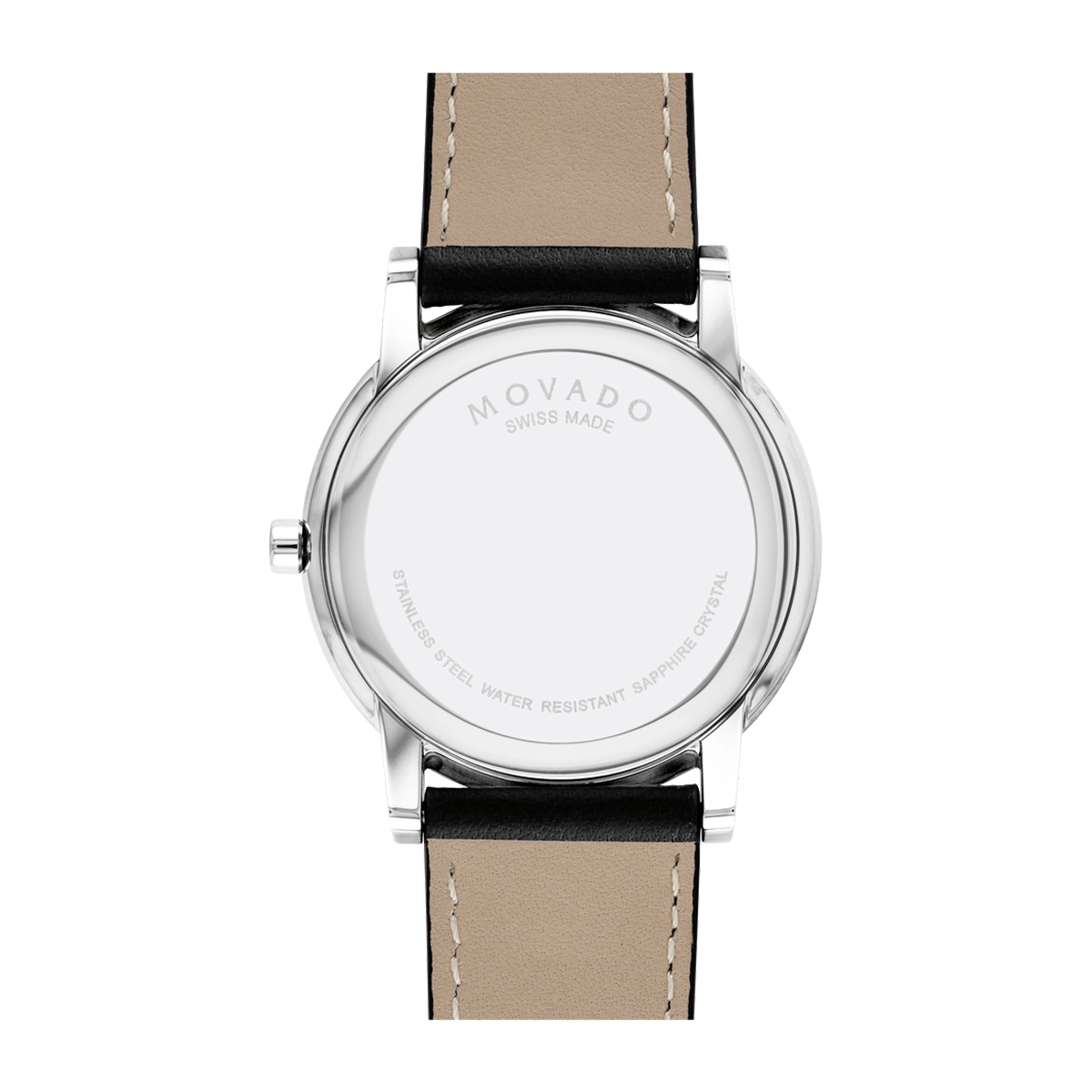 Reloj Movado análogo, para Hombre, tablero redondo colores negro y plateado, estilo sin números, pulso cuero color negro