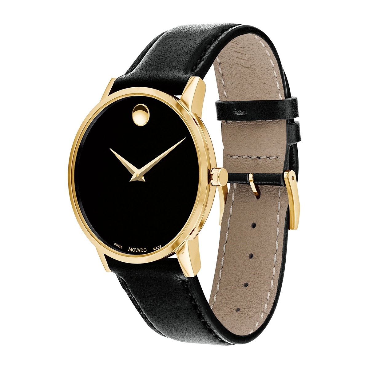 Reloj Movado análogo, para Hombre, tablero redondo colores negro y dorado, estilo sin números, pulso cuero color negro