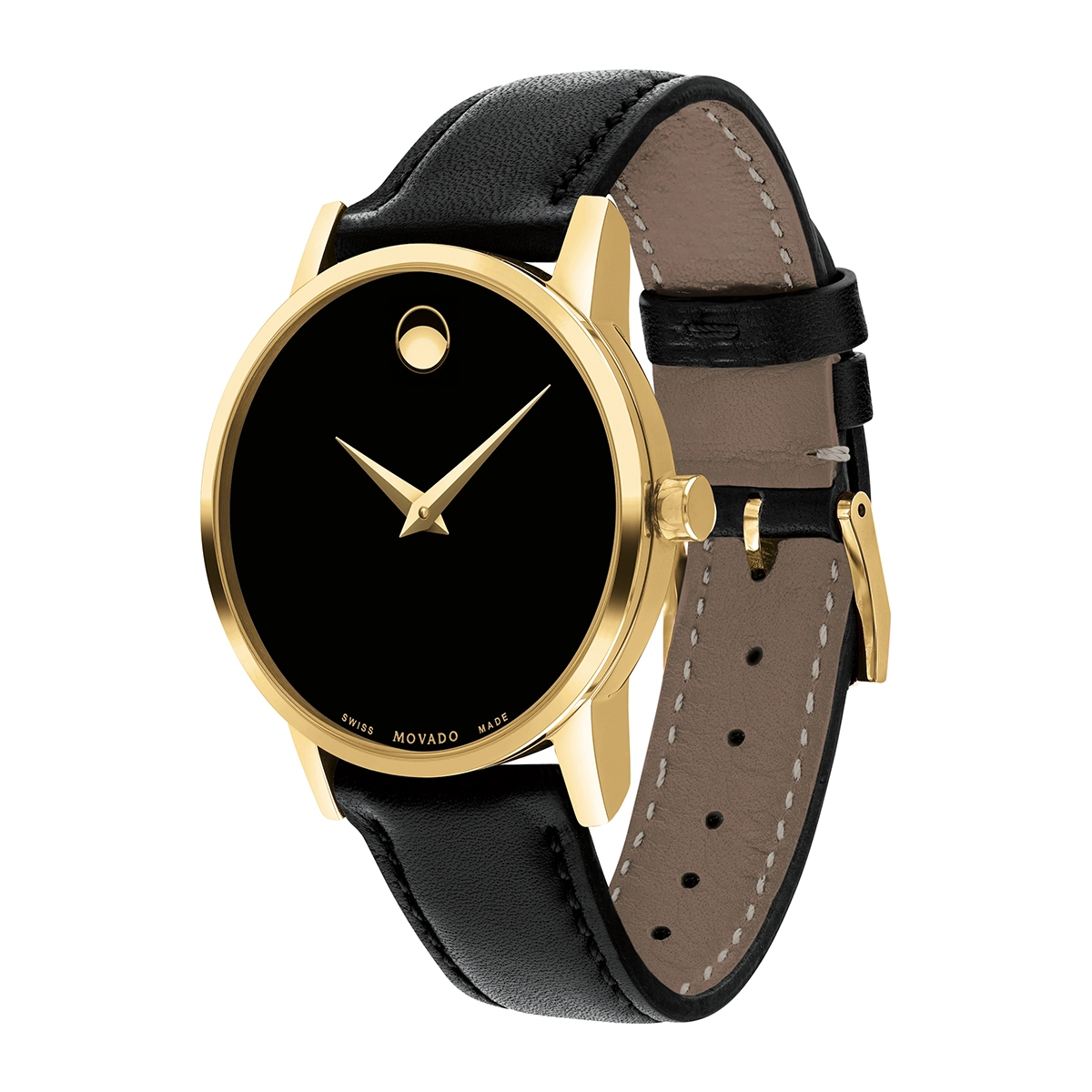 Reloj Movado análogo, para Dama, tablero redondo colores negro y dorado, estilo sin números, pulso cuero color negro