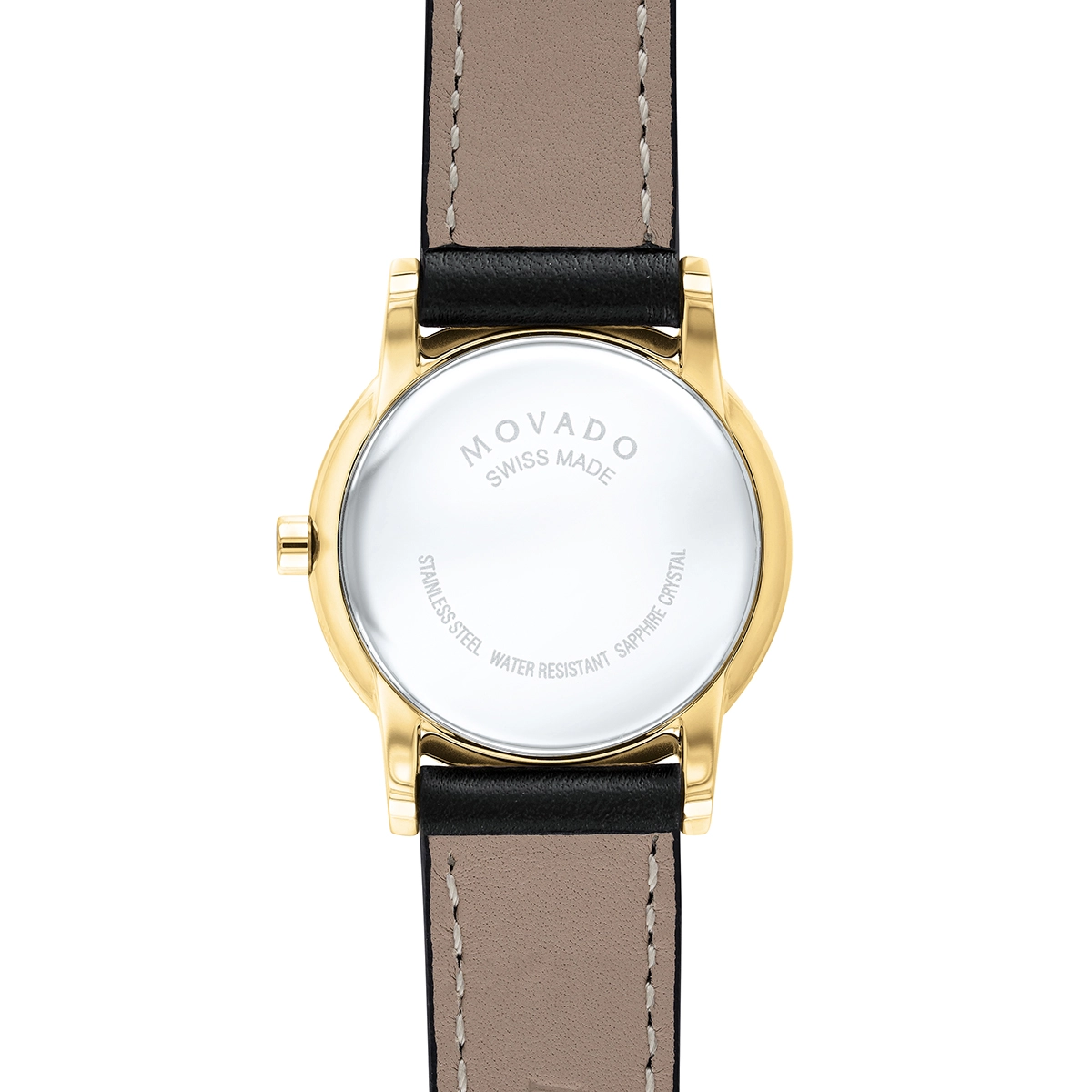 Reloj Movado análogo, para Dama, tablero redondo colores negro y dorado, estilo sin números, pulso cuero color negro