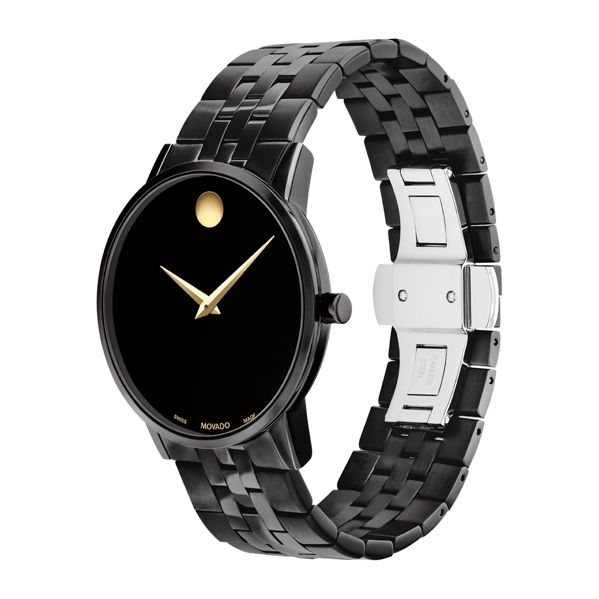 Reloj Movado análogo, para Hombre, tablero redondo color negro, estilo sin números, pulso acero color negro