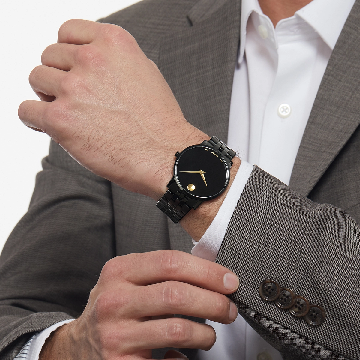 Reloj Movado análogo, para Hombre, tablero redondo color negro, estilo sin números, pulso acero color negro