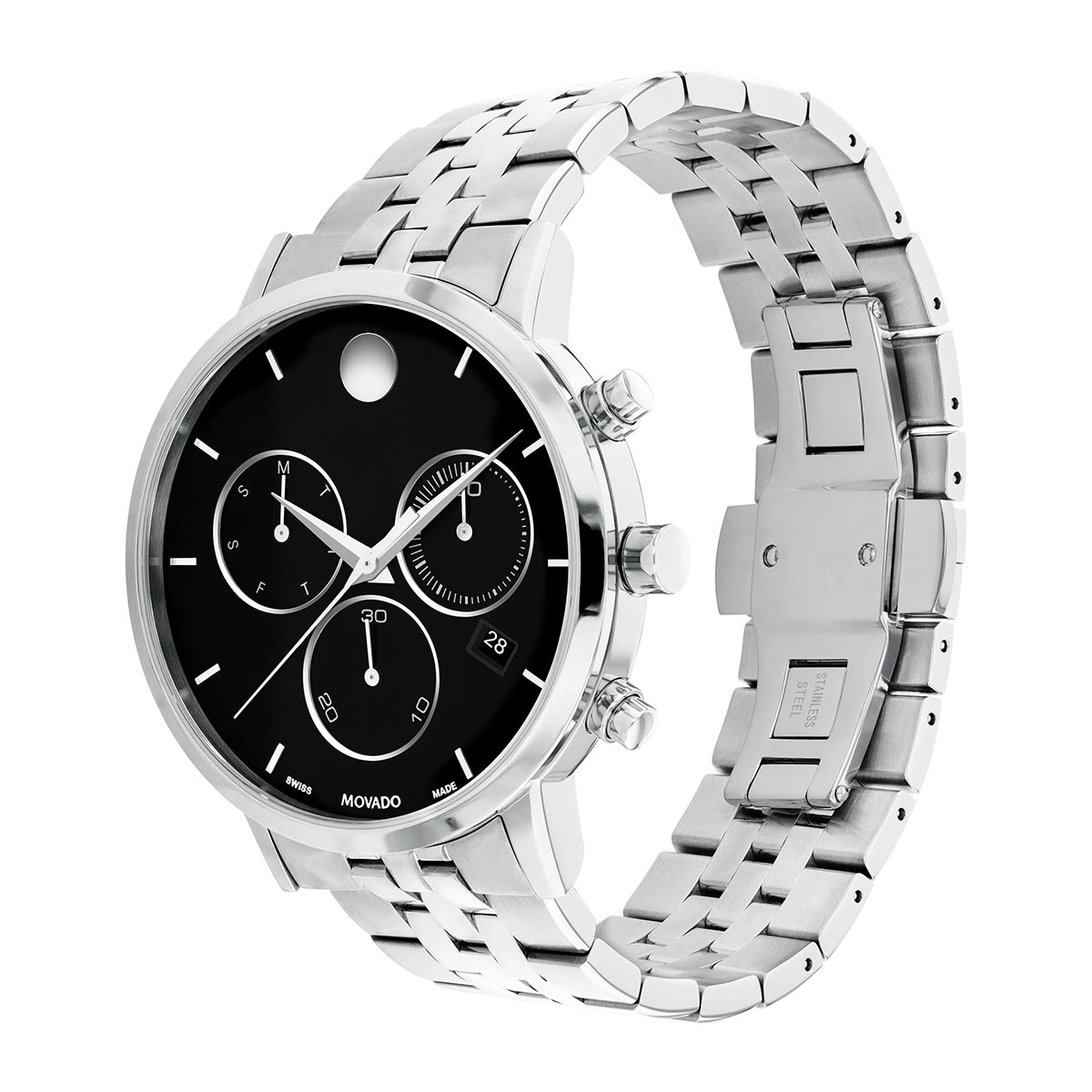 Reloj Movado análogo, para Hombre, tablero redondo colores negro y plateado, estilo index, pulso acero color plateado, calendario, cronografo