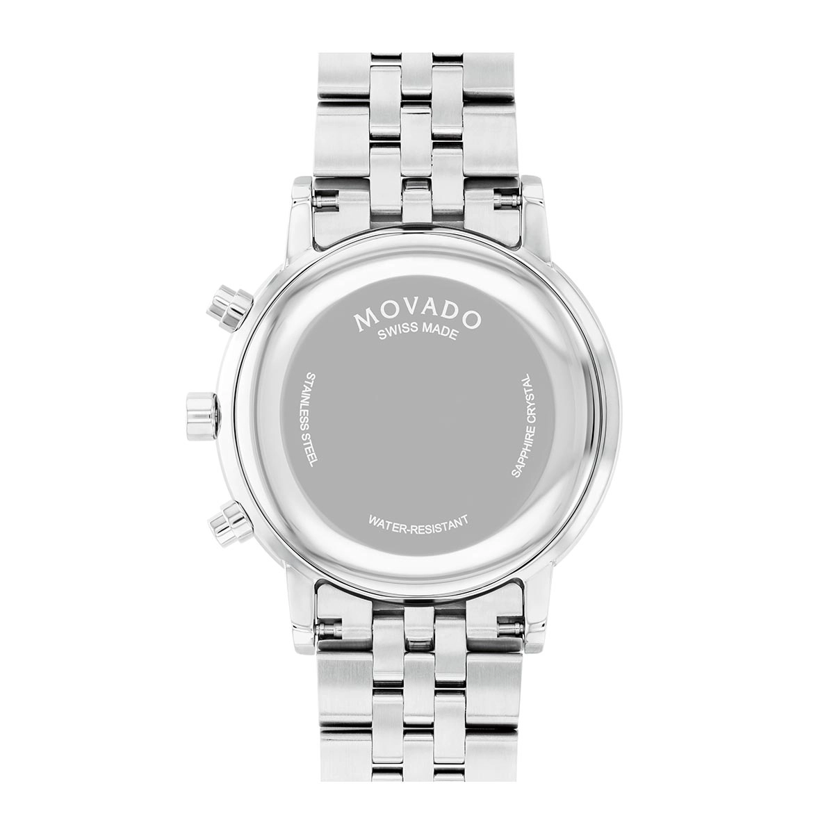 Reloj Movado análogo, para Hombre, tablero redondo colores negro y plateado, estilo index, pulso acero color plateado, calendario, cronografo