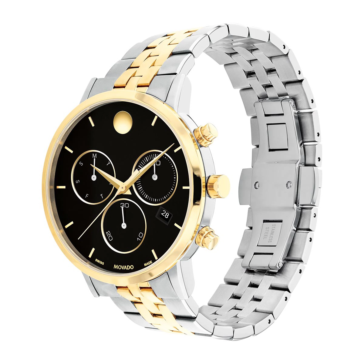 Reloj Movado análogo, para Hombre, tablero redondo colores negro y dorado, estilo index, pulso acero colores plateado y dorado, calendario, cronografo