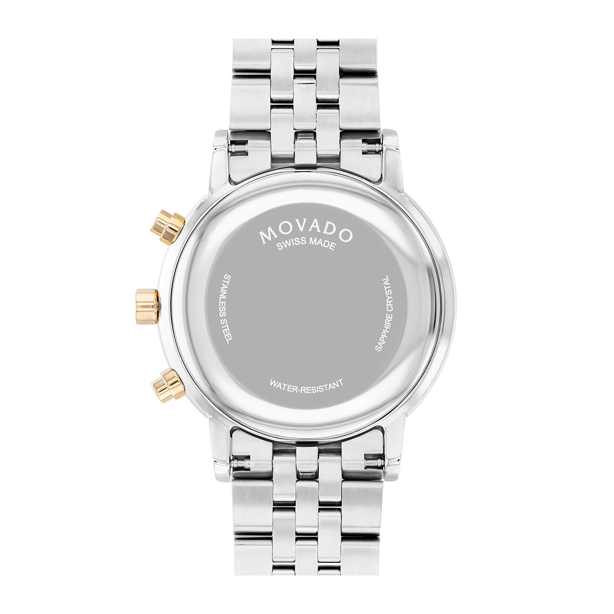 Reloj Movado análogo, para Hombre, tablero redondo colores negro y dorado, estilo index, pulso acero colores plateado y dorado, calendario, cronografo