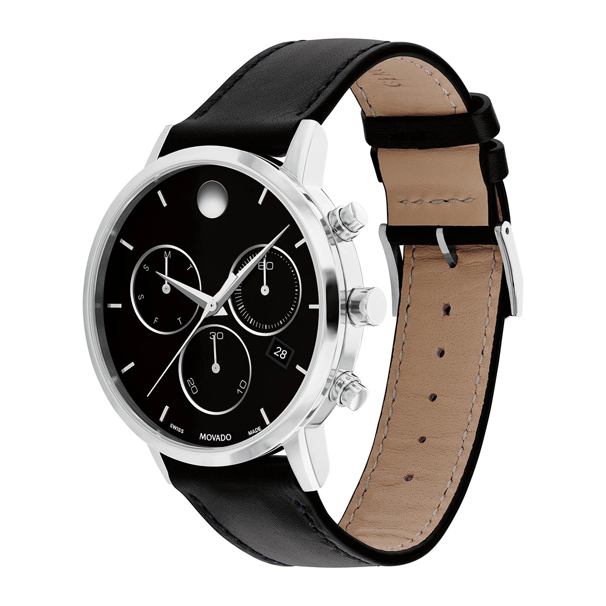 Reloj Movado análogo, para Hombre, tablero redondo colores negro y plateado, estilo index, pulso cuero color negro, calendario, cronografo