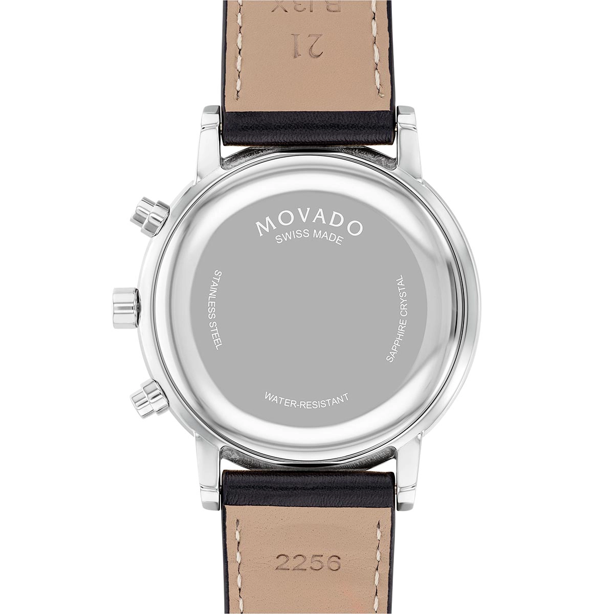 Reloj Movado análogo, para Hombre, tablero redondo colores negro y plateado, estilo index, pulso cuero color negro, calendario, cronografo