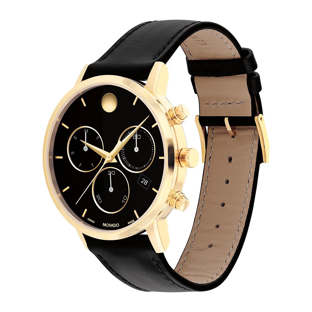 Reloj Movado análogo, para Hombre, tablero redondo colores negro y dorado, estilo index, pulso cuero color negro, calendario, cronografo