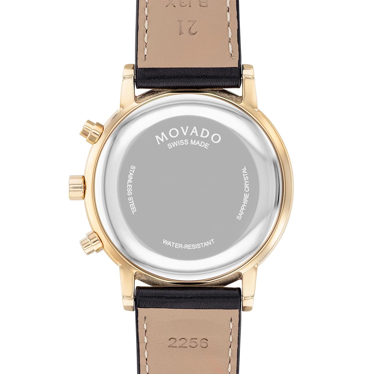 Reloj Movado análogo, para Hombre, tablero redondo colores negro y dorado, estilo index, pulso cuero color negro, calendario, cronografo