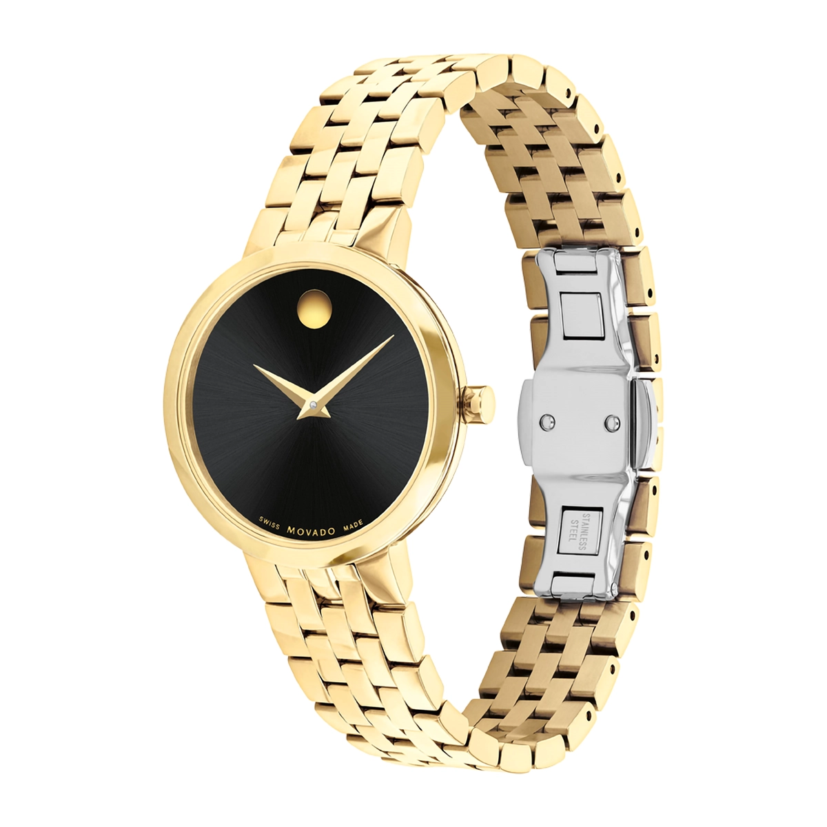 Reloj Movado análogo, para Dama, tablero redondo color negro, estilo sin números, pulso acero color dorado