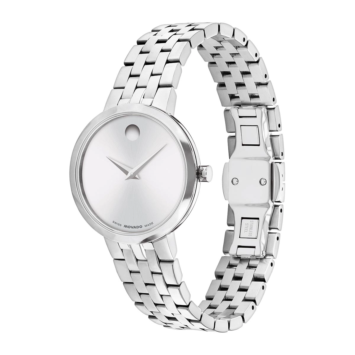 Reloj Movado análogo, para Dama, tablero redondo color plateado, estilo sin números, pulso acero color plateado