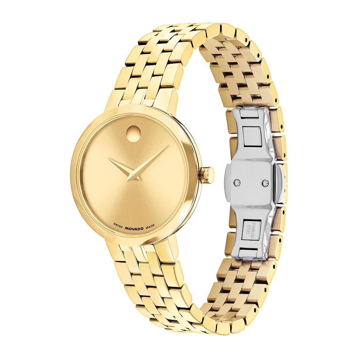 Reloj Movado análogo, para Dama, tablero redondo color dorado, estilo puntos, pulso acero color dorado