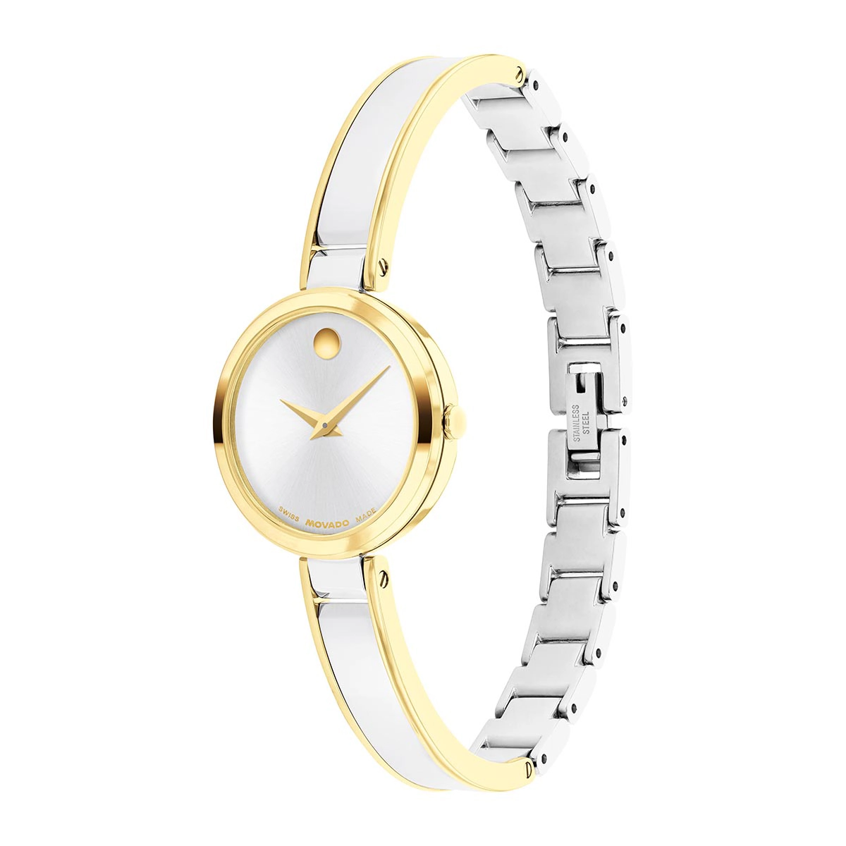 Reloj Movado análogo, para Dama, tablero redondo colores plateado y dorado, estilo sin números, pulso acero colores plateado y dorado
