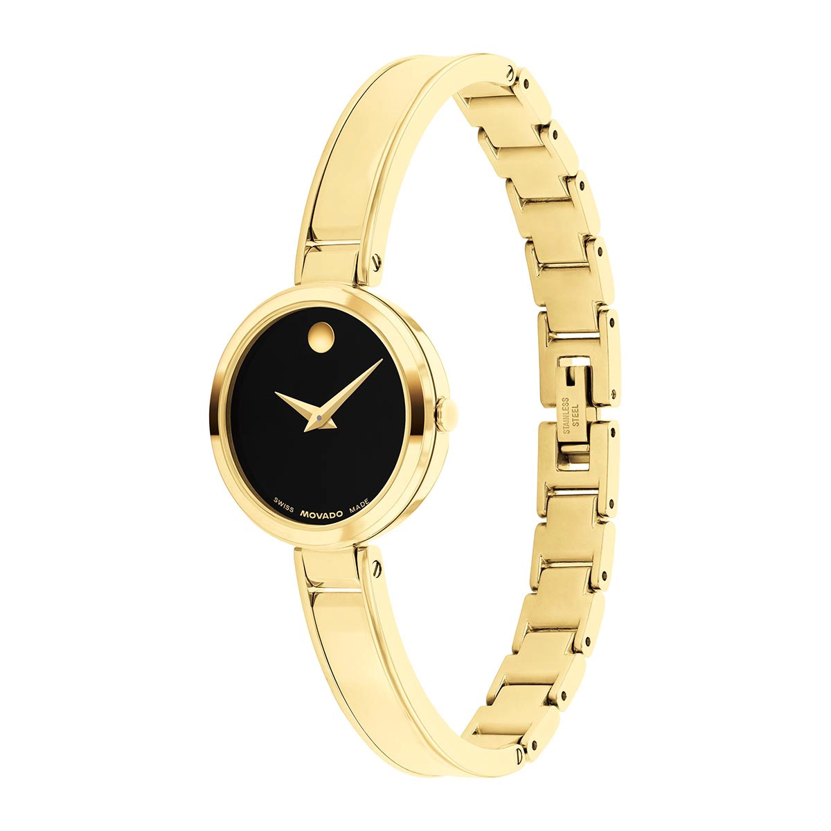 Reloj Movado análogo, para Dama, tablero redondo colores negro y dorado, estilo sin números, pulso acero color dorado