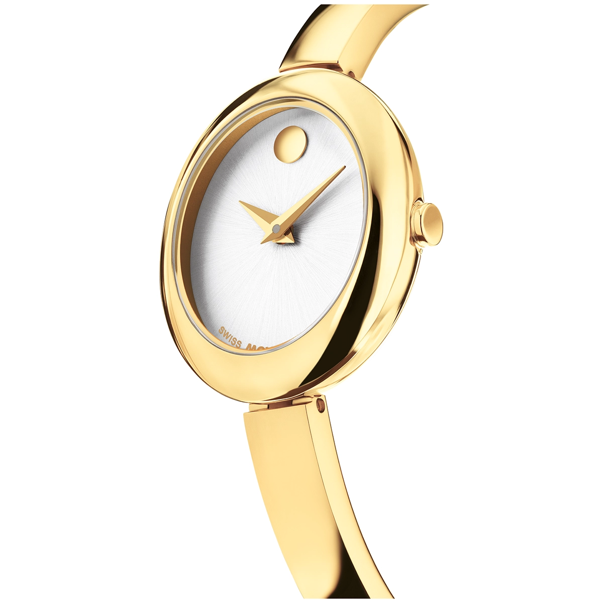 Reloj Movado análogo, para Dama, tablero ovalado color dorado, estilo sin números, pulso acero color dorado
