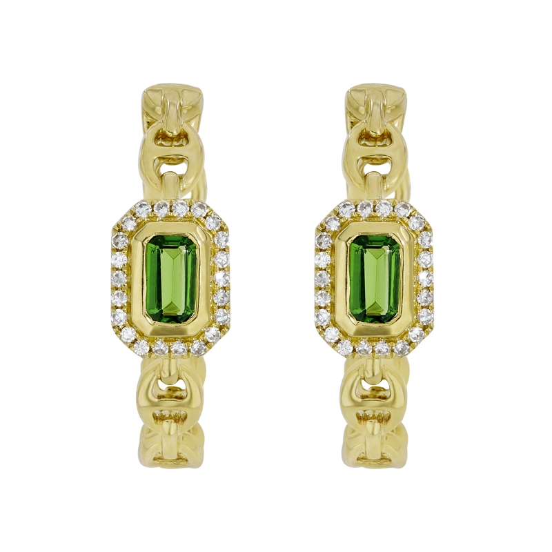 Candongas en oro amarillo de 18 Kilates, con 2 granates centrales y decoración en diamantes de 0.15 Ct, 3.50 mm. de ancho