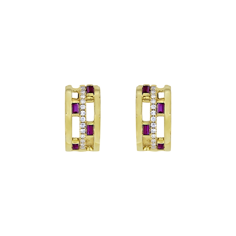 Candongas en oro amarillo de 18 Kilates, Franjas, con rubís de 0.37 Ct y diamantes de 0.18 Ct