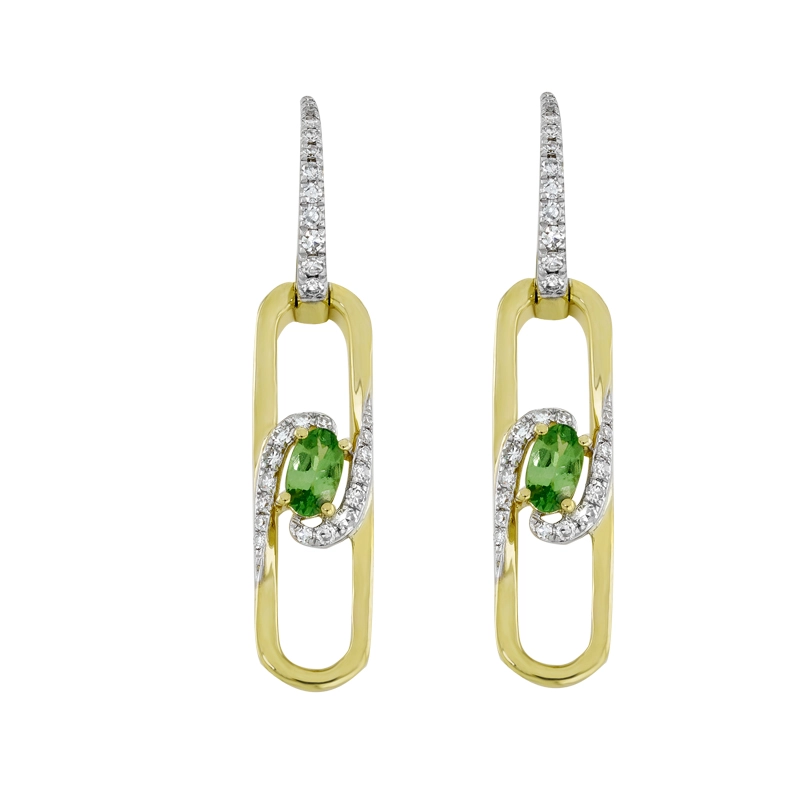 Candongas en oro amarillo de 18 Kilates, con 2 granates centrales y decoración en diamantes de 0.27 Ct, 1 mm. de ancho