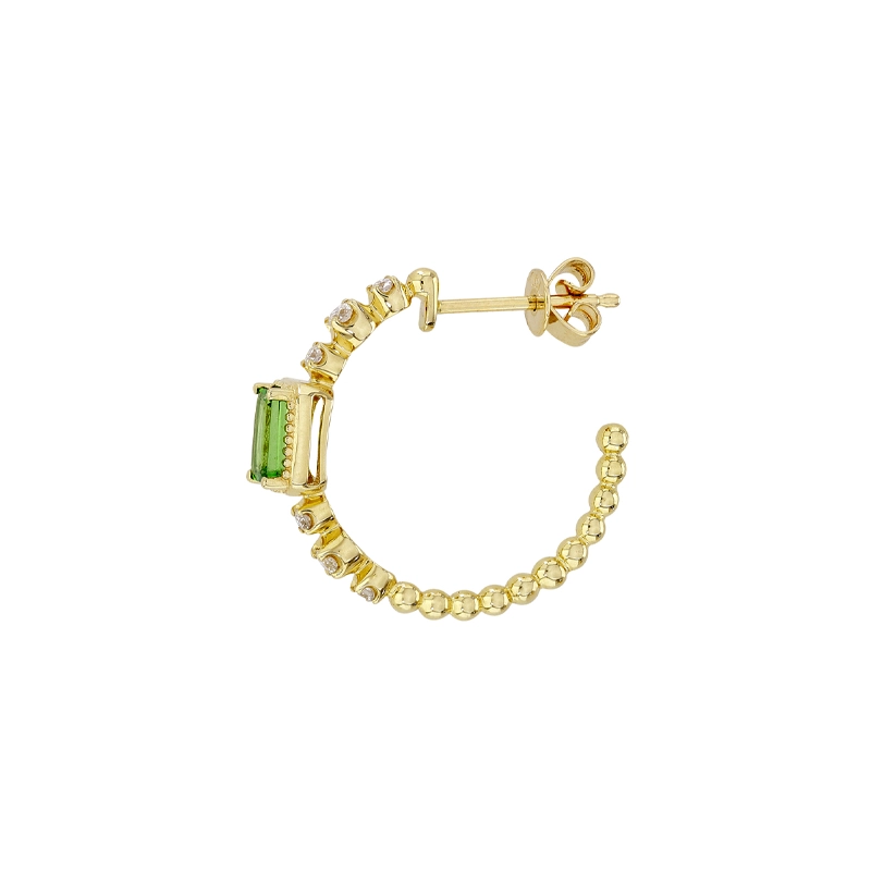 Candongas en oro amarillo de 18 Kilates, con 2 granates centrales y decoración en diamantes de 0.24 Ct, 1.50 mm. de ancho