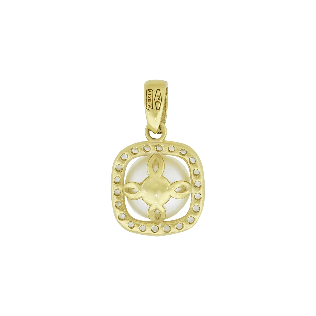 Dije en oro amarillo de 18 Kilates, Bisel, con perla central de 6.50 mm de ancho aprox y decoración en zircones