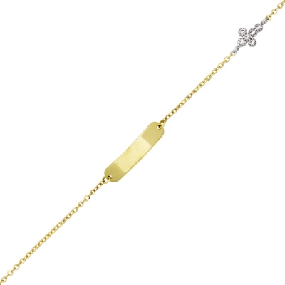Pulsera esclava con cruz en oro amarillo de 18 Kilates, tejido rolo, con zircones, 14 cm. de largo, 1 mm. de ancho