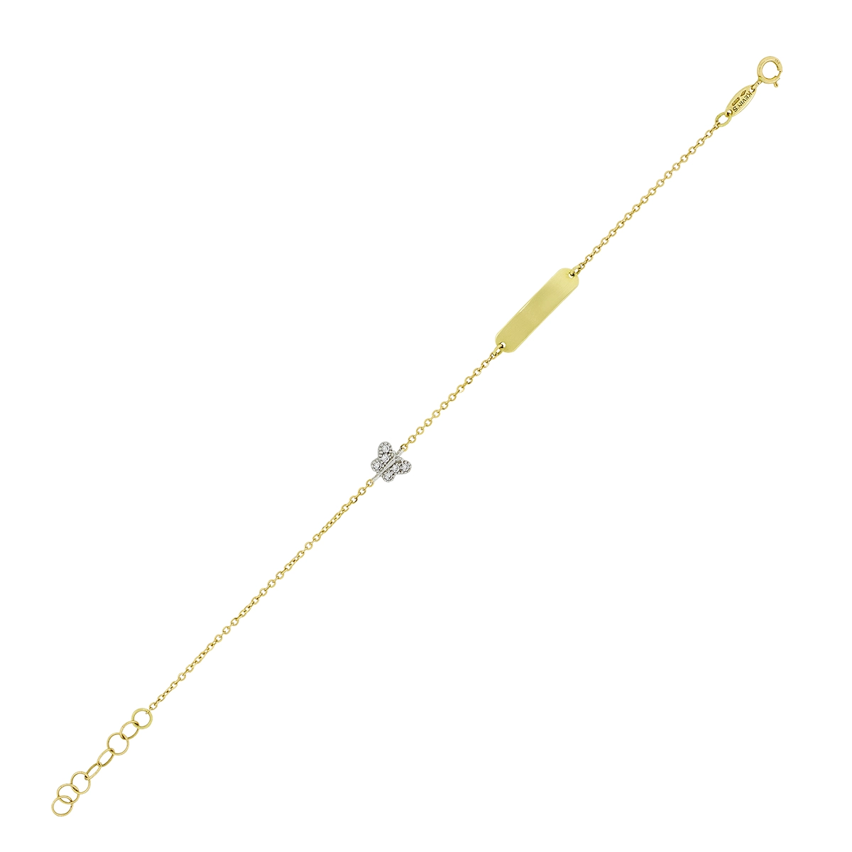Pulsera esclava con mariposa con zircones, en oro de 18 Kilates, tejido Rolo, 14 cm. de largo, 1 mm. de ancho