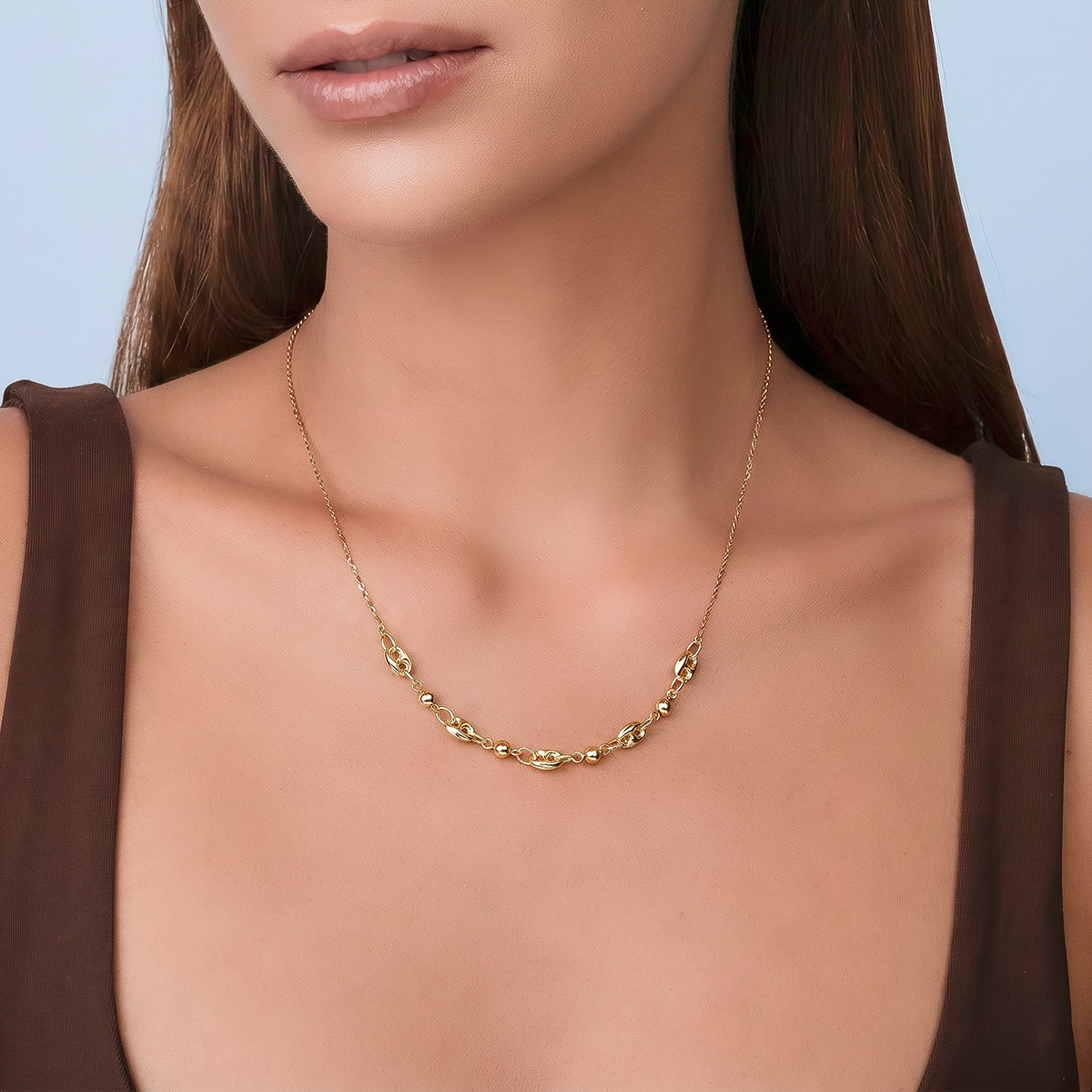 Gargantilla en oro amarillo de 18 Kilates con visos, Marinero boton, 42 cm. de largo, 1 mm. de ancho