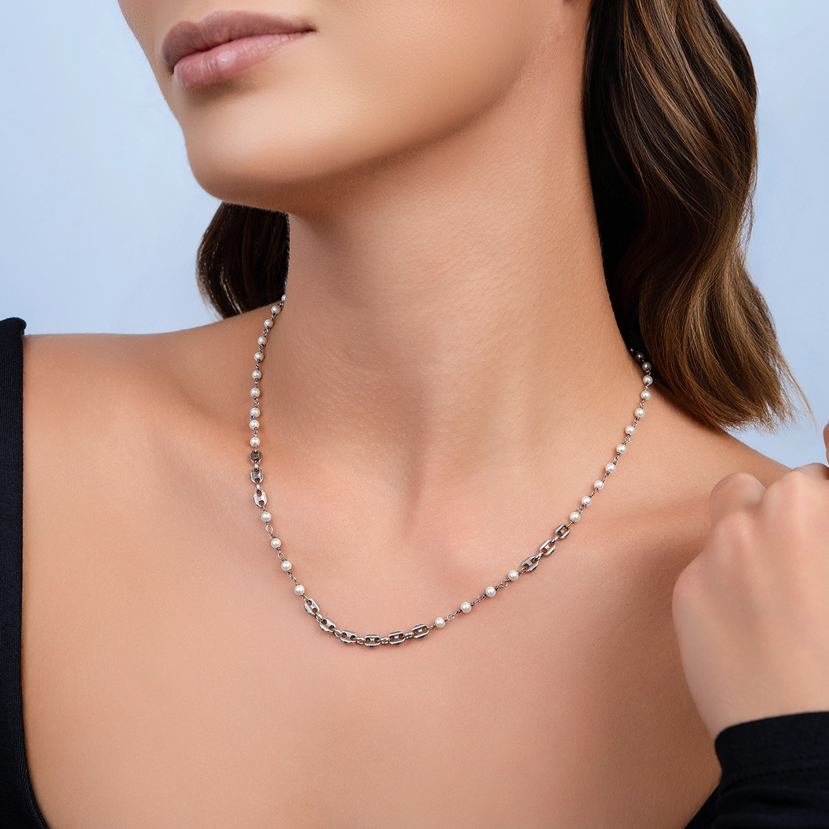 Gargantilla en plata Ley 925, Marinero boton, con perla sintéticas, 45 cm. de largo, 3 mm. de ancho, de la coleccion Sueños